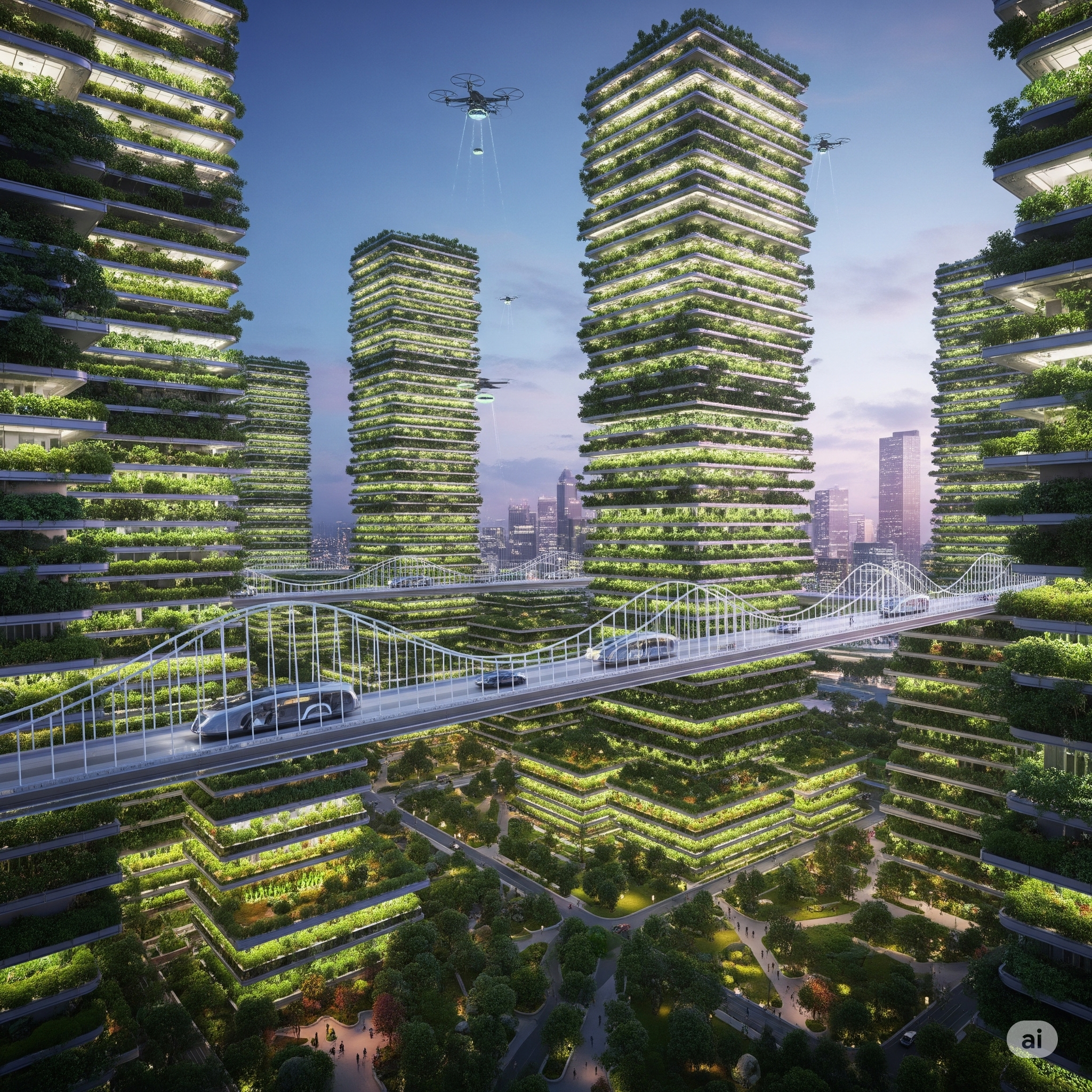 AI-generated illustration of a futuristic urban vertical farm